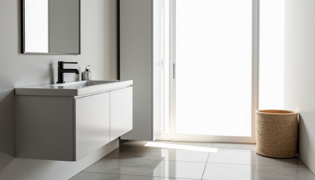 Aménager une salle de bain en longueur : conseils pour positionner colonne, vasque et panier à linge